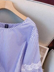 GlowEve CURVE 大码女式条纹印花上衣简约圆领拼接蕾丝外出度假夏季波西米亚风蕾丝上衣