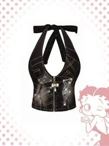 Betty Boop | ROMWE 复古西部牛仔女式系带性感短款牛仔上衣 - 藍色 - 查看 1