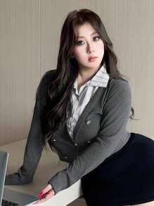 Dazy Plus Color Block Splicing Shirt Collar 2 In 1 Double-Breasted Decor Long Sleeve Business Casual Commuter Long Sleeve Plus Size Women T-Shirt Fall Tops - Dark Grey - View 1