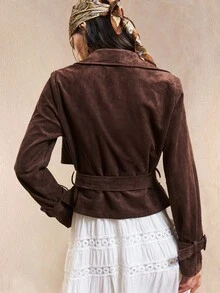 Easelle Cowgirl Women's Western Vintage Bohemia Dark Brown Woven Women's Lapel NeckLong Sleeve Double-Breasted Casual Trench Coat Fall Winter Clothes Women, - Coffee Brown - View 3