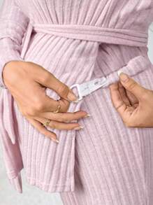 SHEIN 孕妇装女款纯色罗纹针织套装 孕妇两件套 两件套休闲套装 两件套孕妇套装 孕妇休闲服套装 舒适两件套 - 粉色 - 查看 3