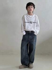 Dazy Kids 男童直筒百搭牛仔裤，秋季休闲裤 - 深色水洗藍 - 查看 2