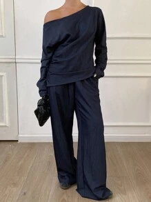 DAZY 2pcs Women Off Shoulder Long Sleeve Top And Loose Pants Set