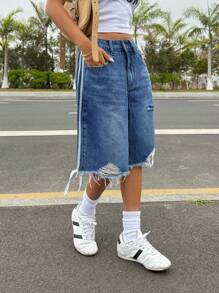 SHEIN ICON 女式侧条纹口袋做旧磨边宽松牛仔短裤