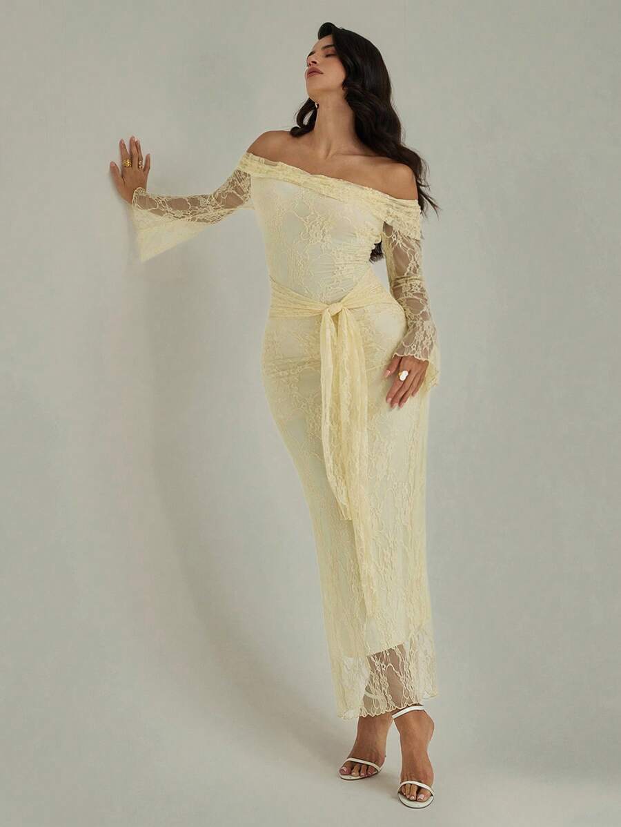 Modelyn Women's Lace Ruffle Off Shoulder Long Sleeve Fitted Elegant Dress Pale Yellow Lace Dress Off Shoulder Lace Dress Long Sleeve Lace Dress Gold Lace Dress Luxury Lace Dress,Fashionable, Casual, And Elegant Women's Autumn. Autumn Tops, Women's Shirts, Women's Corset Tops, Fashionable Back-To-Work And Back-To-School With Waist Cinching, Halloween Costumes, And Dresses For Mom. - Butter Yellow - View 1
