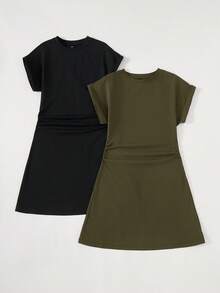 SHEIN BASICS 2件套休闲纯色针织圆领短袖迷你连衣裙（女士） - 軍綠色 - 查看 3