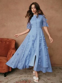 Anewsta Women 3D Flower Long Sleeve Casual Elegant Dress, Suitable For Spring, Festivals, Holidays - Blue - View 4