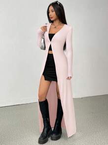 SHEIN EZwear 女士休闲浅粉色修身纽扣长款开衫外套秋冬 - 淺粉色 - 查看 5