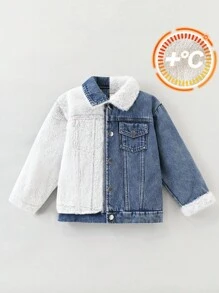 SHEIN Young Boys' Casual, Cute, And Comfortable Everyday Jacket With Fleece Detailing. Long-Sleeved, Lapel-Collared Jacket, Perfect For Travel, School, And Everyday Gatherings, Perfect For Fall And Winter.First Day Of School - Medium Wash - View 3