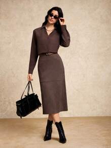 House of One Solid Brown Suede High-Waist Pencil Midi Skirt Women Elegant Old Money Office Fall Women Clothes Casual Spring Fall Fall Outfits Business Professional Women Business Casual Woman