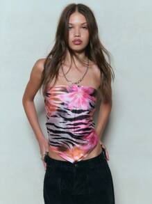 TypaGal Pink Floral And Zebra Stripe Print Y2K Tube Top, Beach Vacation - Multicolor - View 1