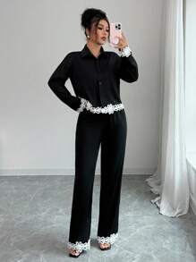 Elenzga 2pcs Women's Collared Floral Lace Patchwork Shirt And Pants Set - Black - View 4