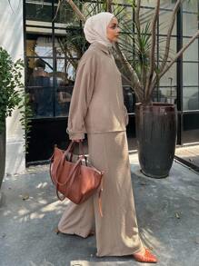 DAZY 两件套女士休闲宽松衬衫和阔腿裤套装，款式端庄时尚 - 杏色 - 查看 5