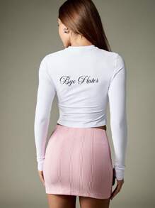 MISSGUIDED Áo thun crop top tay dài in chữ Hi Hater Bye Hater cổ bẻ màu trắng, ôm sát, thời trang, chất liệu cotton cơ bản, thiết kế tối giản, chữ cái - trắng - Xem 2