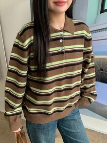 Dazy Plus Sweter damski w paski z kołnierzykiem polo i luźnym krojem w dużych rozmiarach, uniwersalny na jesień/zimę - Brązowy - Zobacz 13