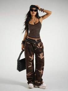 StreetHx Women's Punk Style Black Rhinestone Decorated Camisole - Coffee Brown - View 3