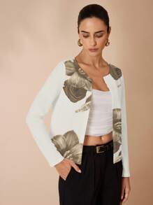 Glamance BiGraphic Women's Elegant Commuter Floral Print Jacket, Suitable For Summer Light Cardigan Women Cropped Blazer Floral Print Cardigan Women Floral Cardigan Women Blazers Printed Cardigan - White - View 7