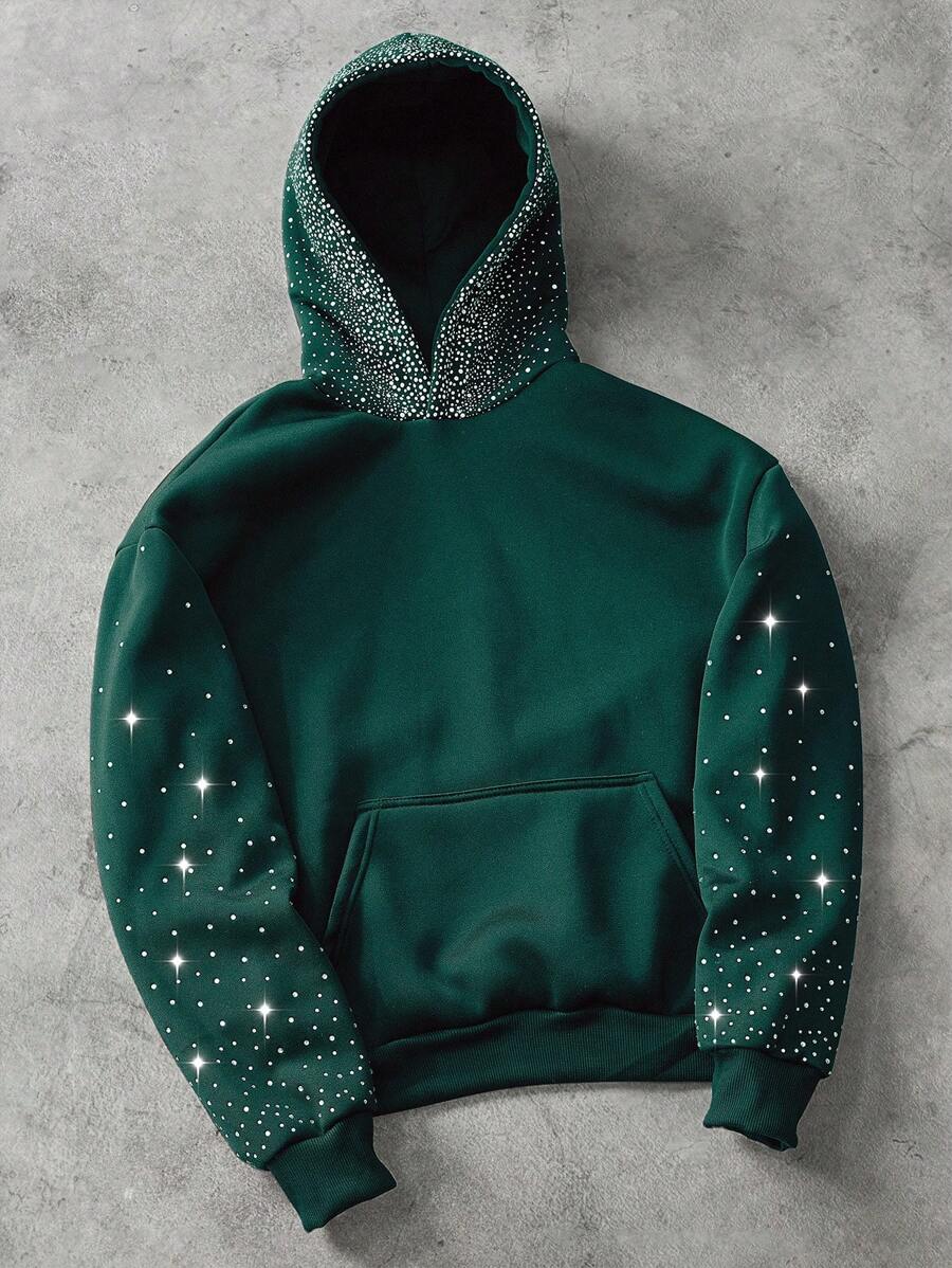 Manfinity Roghcode Manfinity Streetrush Men's Starry Sky Gradient Rhinestone Hoodie Sweatshirt,Green,Autumn,Sequin,Streetwear,Rave Sparkly Embellished Fall Winter - Dark Green - View 1
