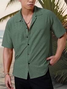 Manfinity Homme Men's Vacation Casual Style, INS Matched With A Knitted Black And White Geometric Striped Crochet Textured Jacquard Loose Short-Sleeve Shirt. Featuring A Button Placket, This Shirt Embodies French Elegance And Romance, Making It Perfect For Hawaiian Beach Vacations, As Well As Music Festivals And Everyday Wear. It Also Serves As An Ideal Gift For Boyfriends Or Husbands. Men's Striped Short Sleeve Single-Breasted Casual Commuter Shirt, Cool Shirts For Men, Nice Shirts For Men, Men's Fashion Shirts