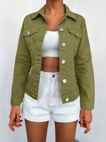 EURMUSE Flap Detail Button Front Denim Jacket - Olive Green - View 5