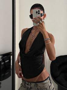 StreetHx 女士咖啡棕色音乐节围脖领街头风海滩度假性感吊带背心 - 黑色 - 查看 6