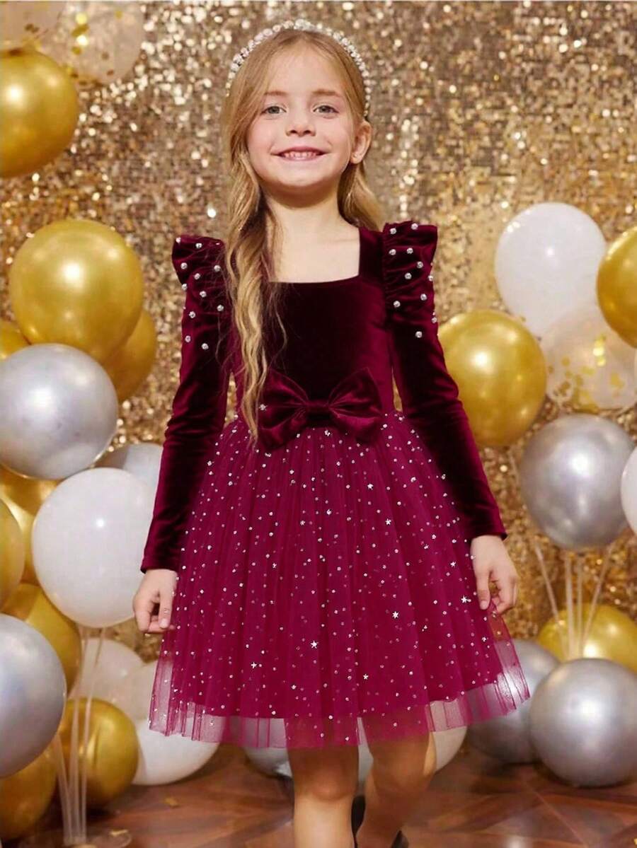 Young Girls Fashion Elegant Burgundy Star Sequin Mesh Tulle Dress, Jewel Neck, Long Sleeve, Bowknot Princess Party Dress, Spring/Autumn Burgundy Velvet Dress For Girls Girls Party Dress Long Sleeve Girls Dress Fall Winter  Princess  Halloween/Christmas Party Dresses For  Vacation  Autumn And Winter