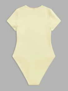 SHEIN BASICS 女式休闲纯色针织圆领短袖紧身衣 - 黃色 - 查看 4