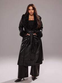 Rustia Plus Size Women Faux Leather Coat With Fur Collar, Long Slim Fit Jacket Winter Fall Autumn