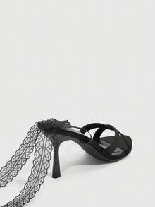 CUCCOO SZL Zapatos de mujer de tacón alto con punta afilada y cordones de satén negro de 8 cm - Negro - Ver 11