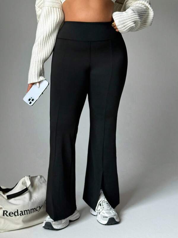 Rhythm Era Plus Size Casual Solid Color Flared Sports Pants Yoga Women Pants, Black