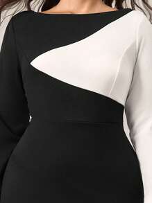 Chikora 大码拼色圆领长袖修身时尚连衣裙 - 黑與白 - 查看 7