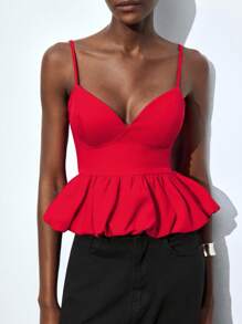 Maija 2025 春夏 7 月 4 日，圣若昂，毕业典礼，节日服装 女士优雅纯色花蕾下摆红色吊带背心上衣，节日 - 紅色 - 查看 7