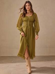 Wildy Rochie casual cu mânecă lungă, stil american rustic, culoare verde salvie, mâneci evazate - Verde - Vizualizare 8