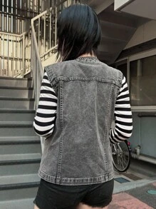 FRIFUL 女式休闲水洗无袖牛仔上衣 - 灰色 - 查看 3