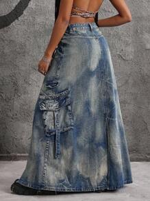 Jeanoix Chân váy Maxi denim cỡ lớn có túi tiện dụng dành cho nữ - Màu xanh lam - Xem 2
