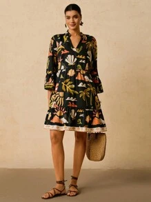 Travachic 大码女式黑色热带植物印花连衣裙，衬衫式V领中袖宽松连衣裙，沙滩短裙 - 黑色 - 查看 1