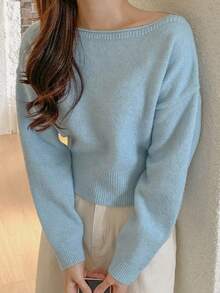 DAZY Áo len mỏng trễ vai màu trơn thu đông - Màu xanh lam - Xem 2