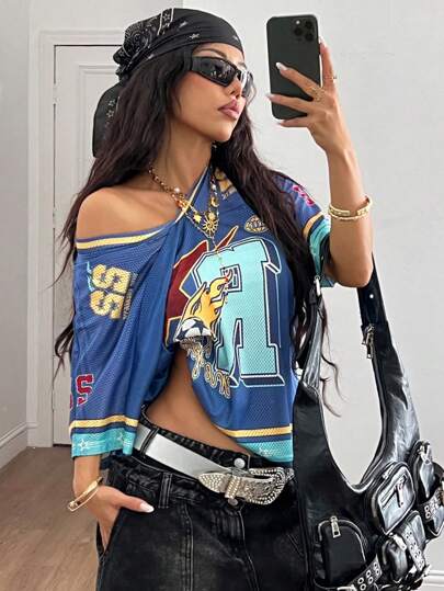 Coolane Women's Spring And Summer Y2K Streetwear Vintage Breathable Mesh Graphics Number Pattern Football Jersey T-Shirt