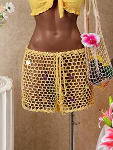 SHEIN Swim 女款夏季新款純色鉤編串珠鏤空海灘度假綁帶遮陽短褲 - 黃色 - 查看 3