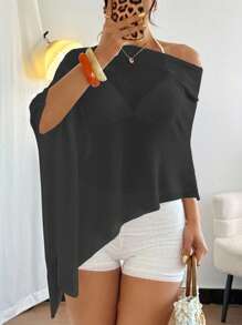 Breezaya 女士休闲纯色针织不对称设计宽松薄款毛衣，春夏秋冬蝙蝠袖不对称上衣