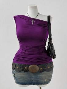 Sunspun Plus Size Off Shoulder Ruched High Stretch Dark Coffee Cropped Casual T-Shirt, & Minimalist For Beach, Date, Party