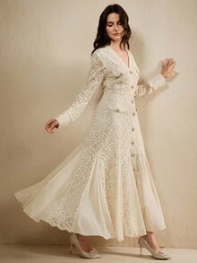 Anewsta Đầm midi cổ chữ V, viền đuôi cá, eo cao, tay dài cho nữ - Màu be - Xem 1