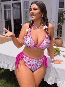 Swim Mod Plus Size Women 2pcs Random Print Casual Swimwear Set - Multicolor - View 5