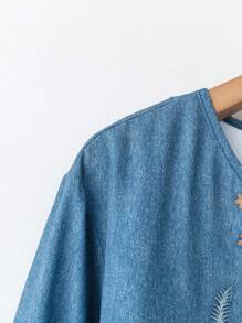 Rusticease Plus Size Women's Denim Effect Floral Print V-Neck Long Sleeve Shirt, Winter