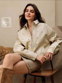 Anewsta Casual Fashion Versatile Long Sleeve Zip-Up Embroidered Short Women Leather Jacket - Apricot - View 1