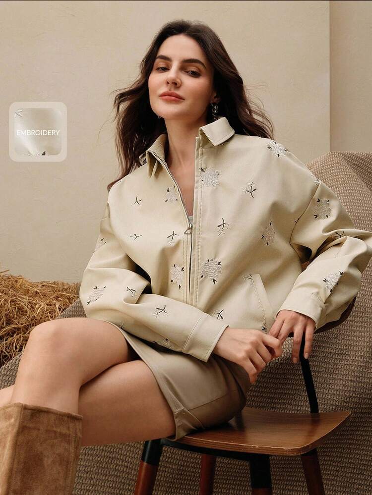 Casual Fashion Versatile Long Sleeve Zip-Up Embroidered Short Women Leather Jacket