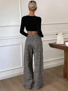 Livesso 女式休闲宽松口袋豹纹牛仔裤 - 棕色 - 查看 5