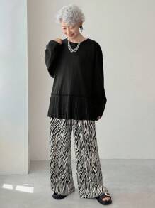 FRIFUL Kaos Wanita Polos Leher Bulat Lengan Panjang dengan Lipatan di Bagian Bawah, Model Kasual Longgar - Hitam - View 5