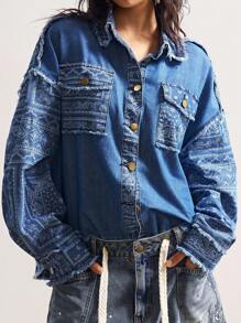 Bohemela Autumn/Winter Boho Casual Woven Denim Patchwork Long Sleeve Women Regular Jacket - Blue - View 8