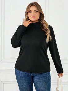 SHEIN CURVE+ 女式黑色长袖保暖内衬保暖T恤，加大码，秋冬